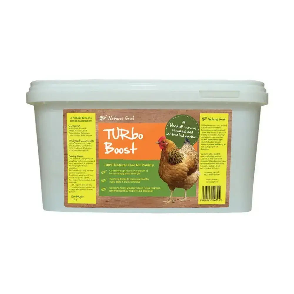 A white plastic container of natures grub turbo boost natural tonic enriched poultry supplement with a brown chicken illustration