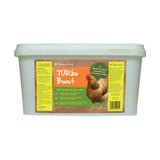 A white plastic container of natures grub turbo boost natural tonic enriched poultry supplement with a brown chicken illustration