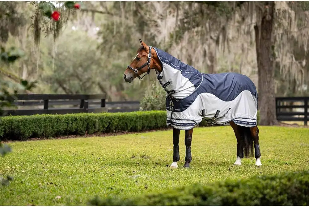 A navy and white horse blanket with a sleek, modern design.