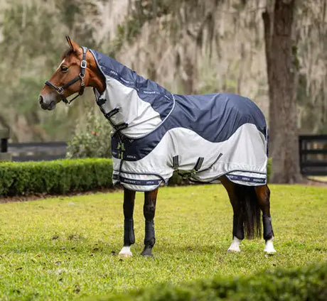 A navy and white horse blanket with a sleek, modern design.