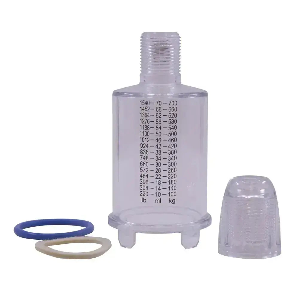 Clear plastic graduated cylinder with threaded top and measurements for neogen barrel pour-on applicator use