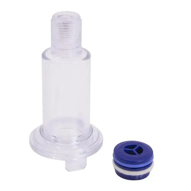 Clear plastic water filter cartridge with blue and white cap for neogen barrel pour-on applicator use