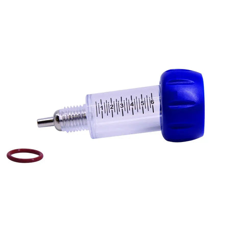 Transparent plastic neogen barrel with o-ring for vaccinator featuring blue cap and metal plunger for neogen prima vaccinators