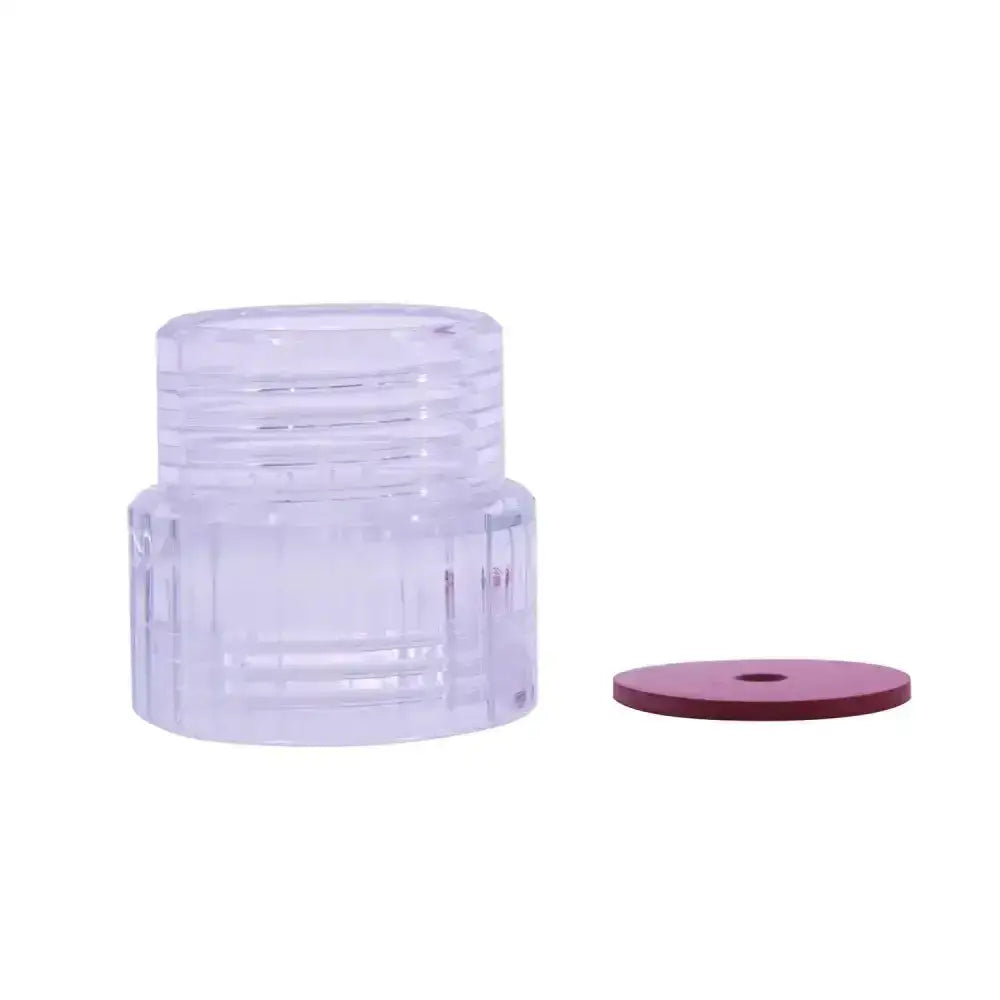 Clear plastic neogen bottle collar threaded container with matching lid and separate purple rubber gasket for sealing
