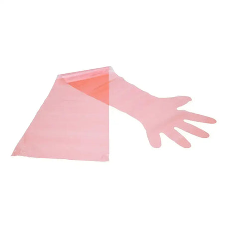 A translucent pink neogen breeder-sleeve disposable glove with shoulder-length sleeves folded neatly from a convenient dispenser box
