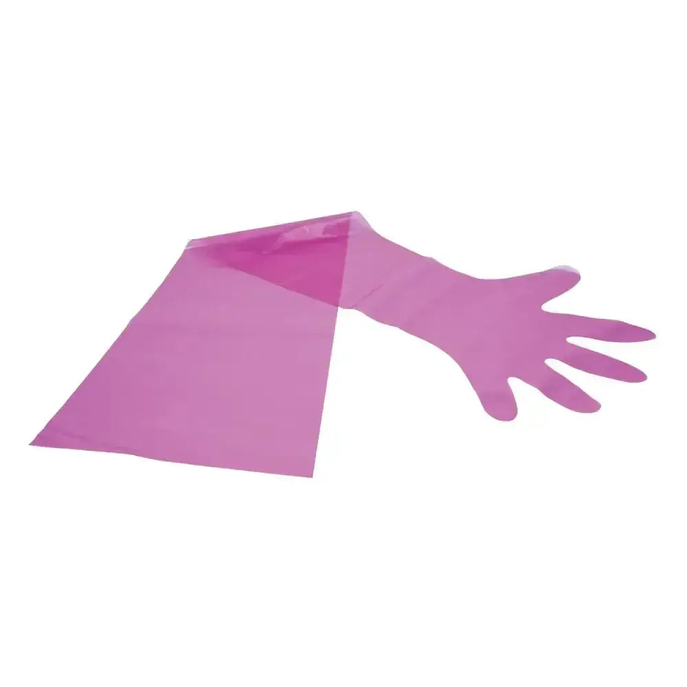 A translucent pink plastic neogen breeder-sleeve glove folded to show texture and shape from a convenient dispenser box