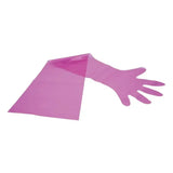 A translucent pink plastic neogen breeder-sleeve glove folded to show texture and shape from a convenient dispenser box