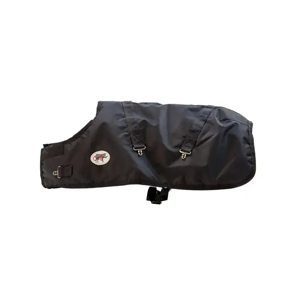 Black waterproof neogen calf sense warming blanket with silver buckles and logo patch for calf warmth