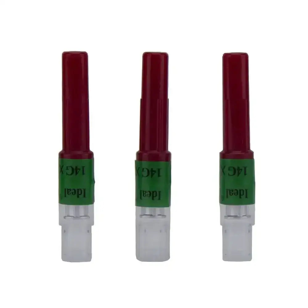 Three maroon and clear plastic neogen d3 detectable needle caps with green bands ideal 14g plated brass hubs reduce breakage six-fold