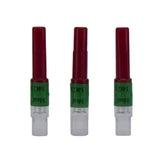 Three maroon and clear plastic neogen d3 detectable needle caps with green bands ideal 14g plated brass hubs reduce breakage six-fold
