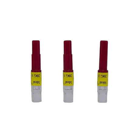 Three identical red and white neogen d3 detectable 20g needles with plated brass hubs to reduce breakage six-fold