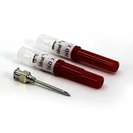 Neogen d3 detectable 16g blood collection needles with red plastic caps and plated brass hubs to reduce breakage six-fold
