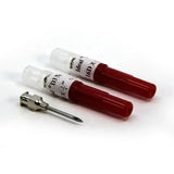Red plastic-capped neogen d3 detectable needles with plated brass hubs and white labeling to reduce breakage six-fold