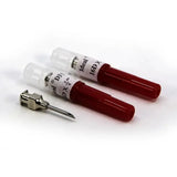 Red plastic-capped neogen d3 detectable blood collection needles with plated brass hubs to reduce breakage six-fold