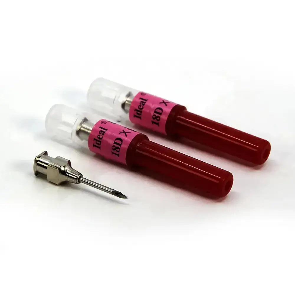 Red plastic neogen d3 detectable 18g blood collection needles with plated brass hubs to reduce breakage six-fold