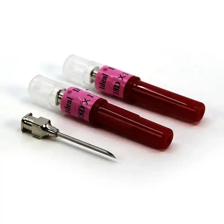 Red plastic hubs with pink labels and metallic needle tip for neogen d3 detectable needles with plated brass hubs reduce breakage six-fold