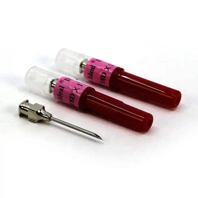 Red plastic hubs with pink labels and metallic needle tip for neogen d3 detectable needles with plated brass hubs reduce breakage six-fold