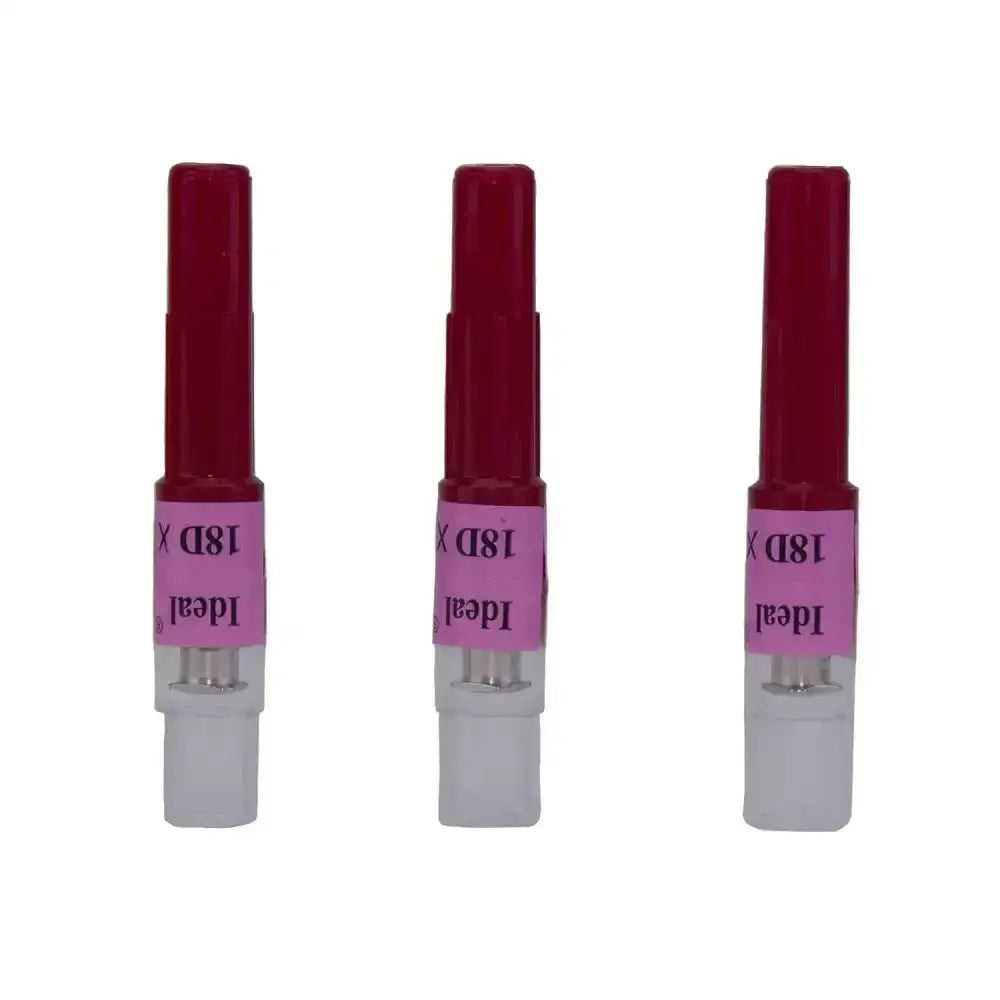 Three identical red and white neogen d3 detectable 18g medical needle holders with plated brass hubs to reduce breakage six fold