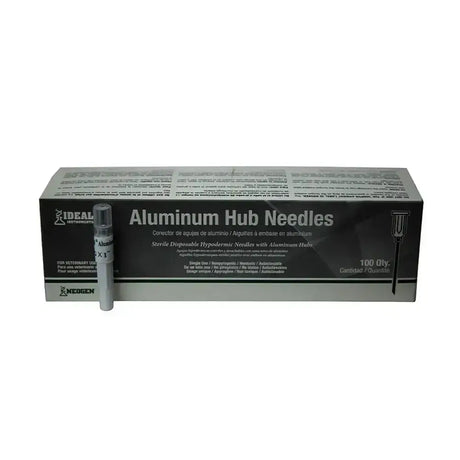 Black and white box of neogen disposable aluminium hub needles 16g 100 count for large animal administration