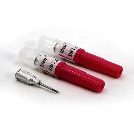 Red plastic 18g neogen disposable needles with silver metal tips ideal for large animal administration and aluminium hub needles