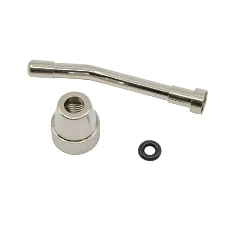 Shiny chrome neogen drench nozzle metal pipe fitting with threaded ends and black rubber o-ring for vaccinators