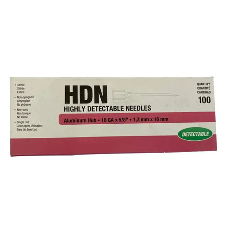 Box of neogen hdn needles 18g high detectability with aluminum hub in red and white package for ultra-sharp precision ground use