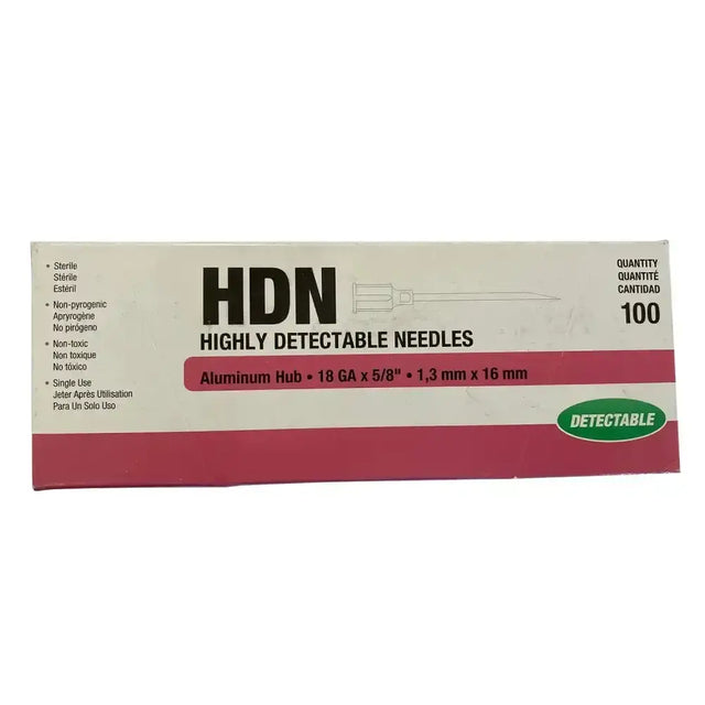 Box of neogen hdn needles 18g high detectability with aluminum hub in red and white package for ultra-sharp precision ground use