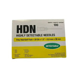 A box of neogen hdn needles 20g high detectability in white and yellow packaging with ultra-sharp precision ground tips