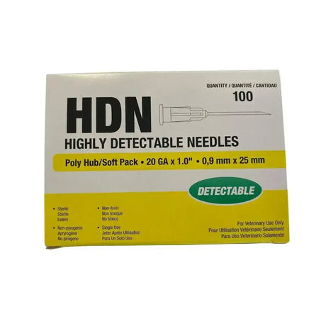 White and yellow box of neogen hdn needles 20g high detectability with ultra-sharp precision ground poly hub for vet use