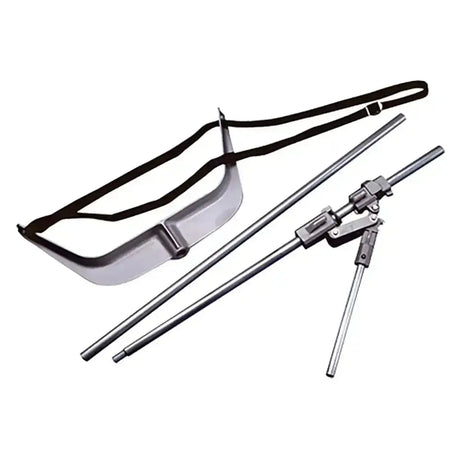 Silver metal ideal calf puller with black adjustable strap and three extendable rods for calf eze engineered use