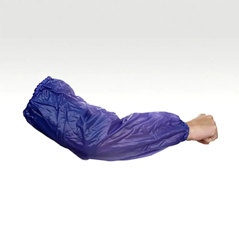 A shiny royal blue lightweight plastic neogen milking sleeve with elastic cuffs worn on a person’s forearm