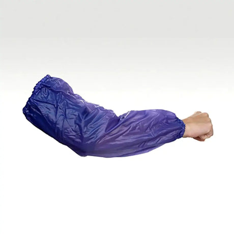 A shiny royal blue lightweight plastic neogen milking sleeve with elastic cuffs worn on a person’s forearm