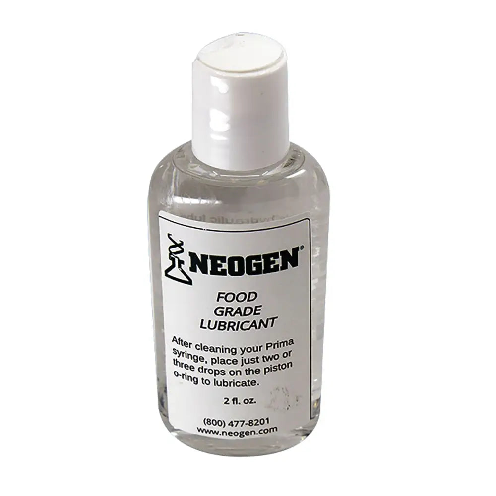Clear plastic bottle with white cap of neogen prima lubricating oil food grade manufacturing hydraulic oil