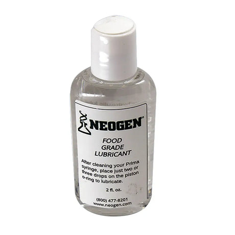 Clear plastic bottle with white cap of neogen prima lubricating oil food grade manufacturing hydraulic oil
