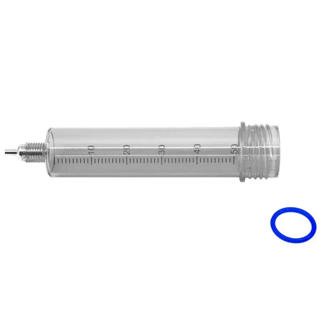 Clear plastic neogen prima-shot barrel with silver metal plunger and o-ring replacement barrel marked up to 50ml