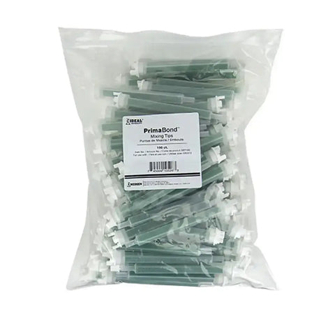 A clear plastic bag filled with 100 green and white neogen primabond 2b tips with claw adhesive end