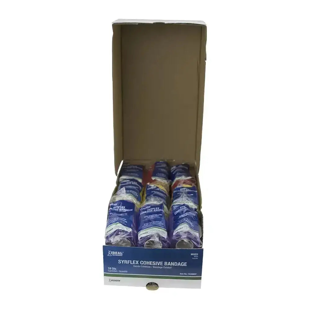 A box of neogen syrflex bandage cohesive rolls in blue and yellow offering consistent lightweight compression