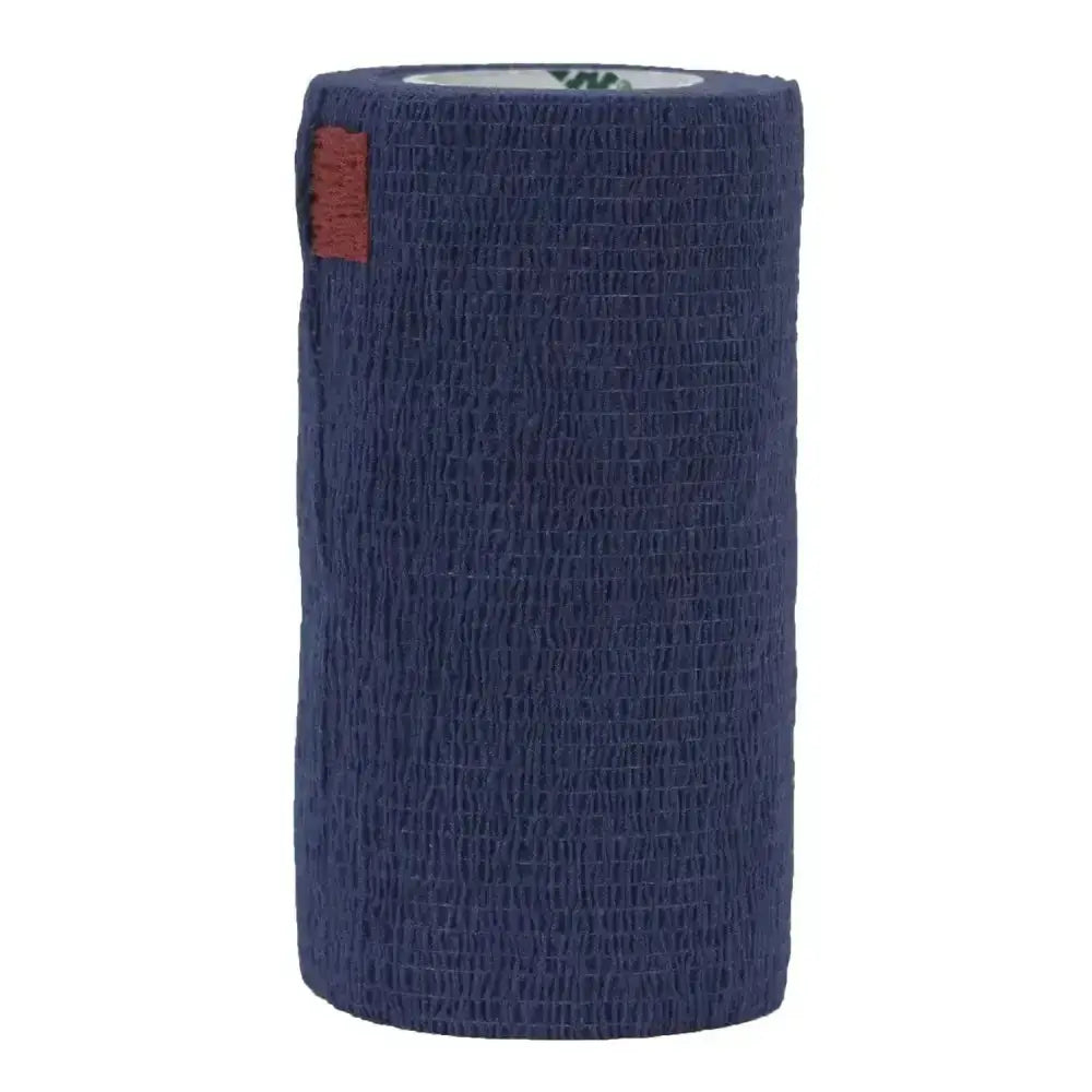 Dark blue textured neogen syrflex bandage roll with small brown label offers consistent lightweight compression and cohesive fit