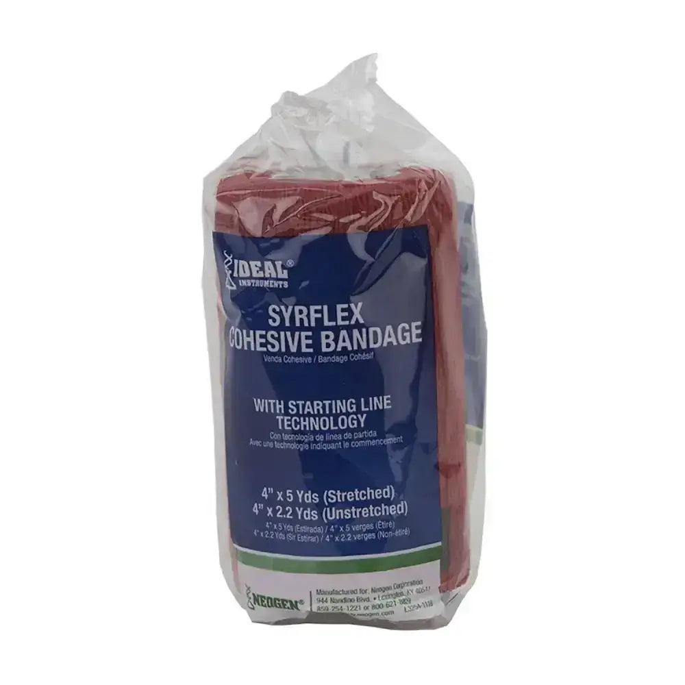 Red neogen syrflex bandage cohesive in clear plastic pack with blue white labeling for consistent lightweight compression
