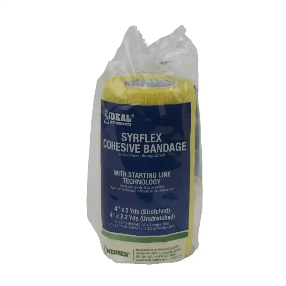 Yellow neogen syrflex bandage cohesive wrap in clear plastic pack with blue label offers consistent lightweight compression