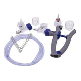 Gray and blue neogen syringe bmv premium line feed convertible barrel with clear glass barrel metal plunger and translucent tubing