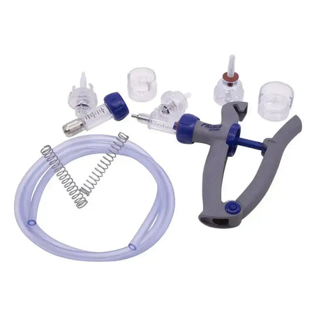 Gray and blue neogen syringe bmv premium with line feed convertible clear glass barrel and attached translucent tubing