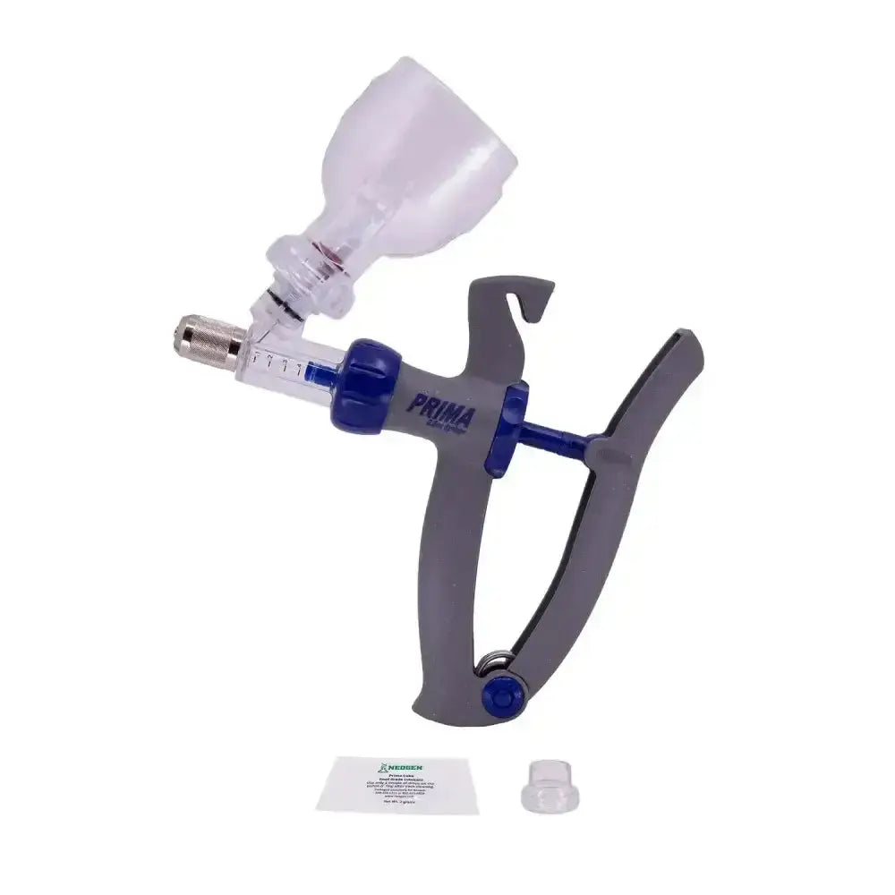 Gray and blue neogen syringe bmv veterinary syringe with clear plastic reservoir and quick bottle changing feature