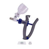 Gray and blue neogen syringe bmv veterinary syringe with clear plastic reservoir and quick bottle changing feature