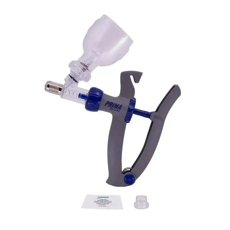 Gray and blue neogen syringe bmv veterinary syringe with clear plastic reservoir and quick bottle changing feature