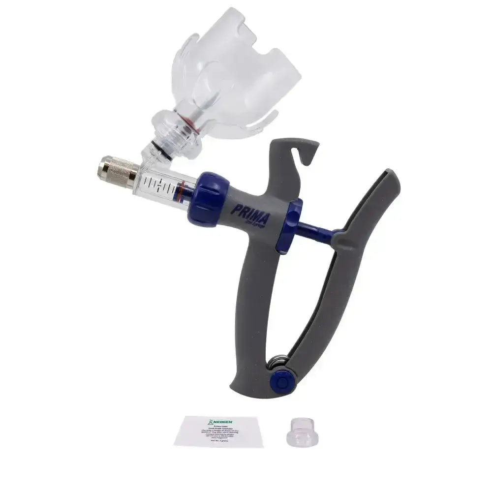 Gray and blue prima neogen syringe bmv value adjustable with clear plastic reservoir and quick bottle changing feature