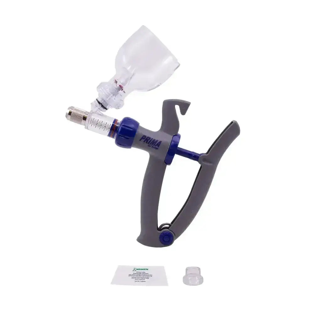 Gray and blue neogen syringe bmv impact-resistant veterinary syringe with clear plastic reservoir for quick bottle changing