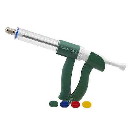 Green plastic and clear acrylic neogen syringe prima-shot with easy-to-grip dose adjuster and interchangeable colored caps