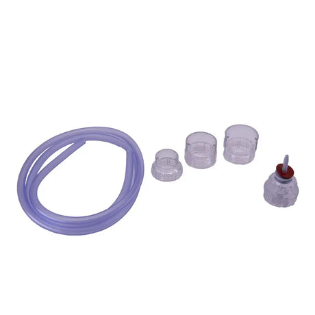 Neogen unilock system with draw off spike translucent purple silicone tube with clear caps and red-topped medical connector for equestrian use