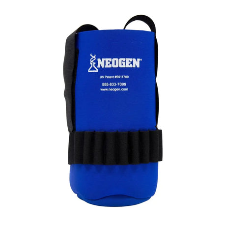 Blue neogen branded nebulizer mask with black straps and ribbed elastic band for neogen vac-pac bottle holder